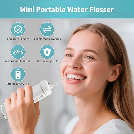 Hibbent Portable Cordless Water Flosser, Mini Oral Irrigator with 3 Modes & 4 Jet Tips, IPX7 Waterproof Rechargeable Travel Electric Dental Flosser for Braces Care, Sensitive Teeth, Orthodontic