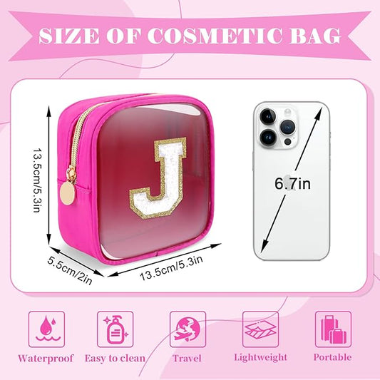 Personalized Initial Letter Clear Preppy Makeup Bag,Mini Nylon Chenille Letter Cosmetic Bag Cute Zipper Pouch Coin Purse for Teen Girls,Portable TSA Approved Travel Essentials Bag Gift for Women,J