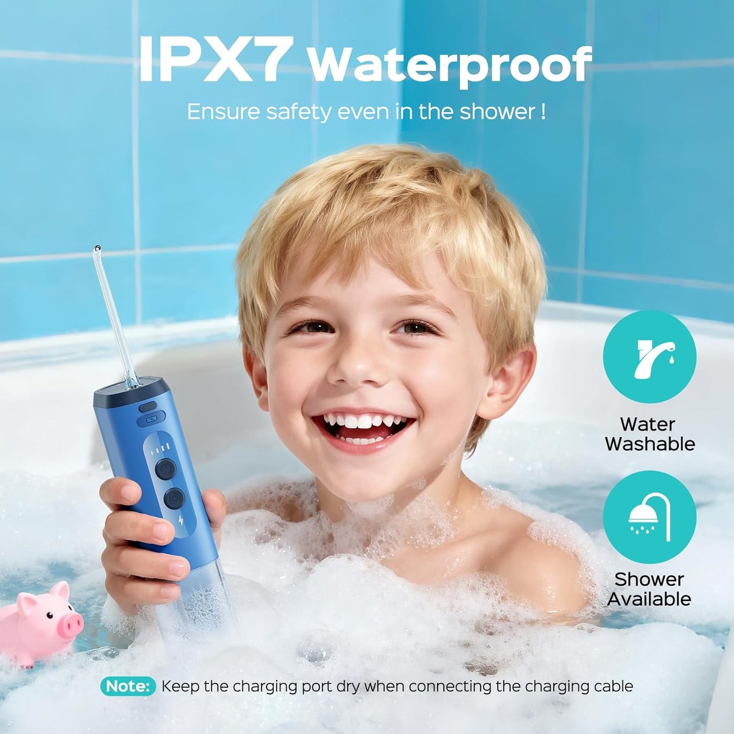 COSLUS Portable Water Flosser for Kids: 4 Gentle Modes for Ages 6+, Braces & Sensitive Teeth - with Fun DIY Stickers, 4 Storable Nozzles, Mini Compact for Home School & Travel Use, BPA-Free, Blue