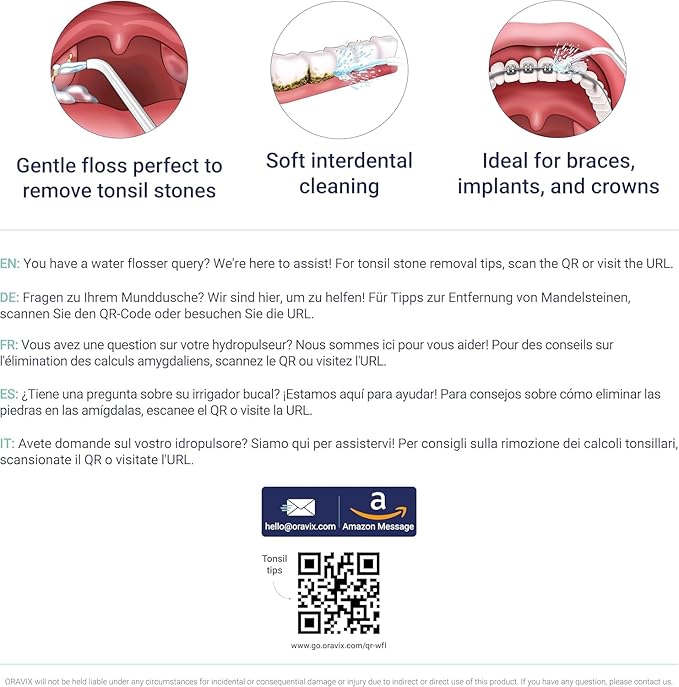 ORAVIX Dental Water Flosser, Tonsil Stone Remover, Gentle Oral Irrigator for Sensitive Teeth and Gums, Kids Manual Water Flosser, No Electricity or Batteries