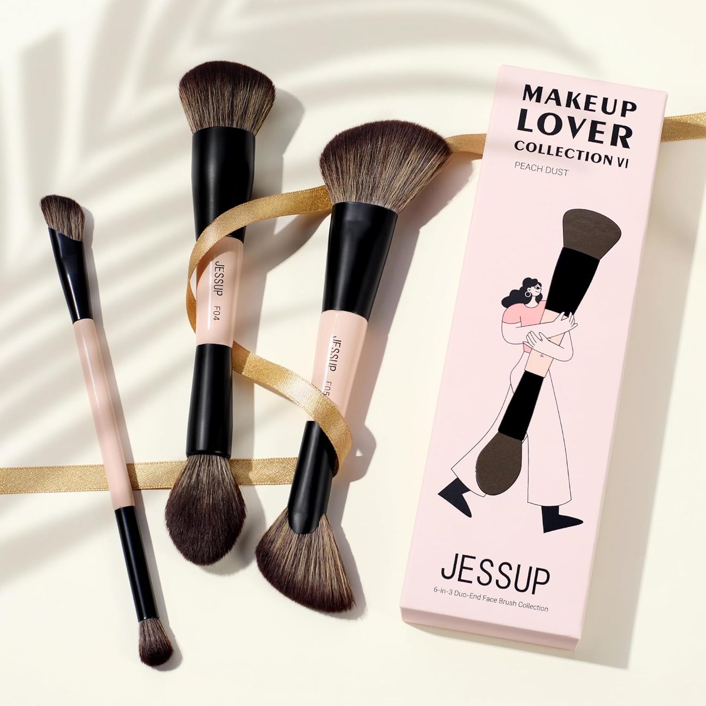 Jessup Face Makeup Brushes 3pcs Double Ended Makeup Brush Set for Foundation Contour Blush Highlight and Powder, Premium Synthetic Make up Brushes Peach Dust T508