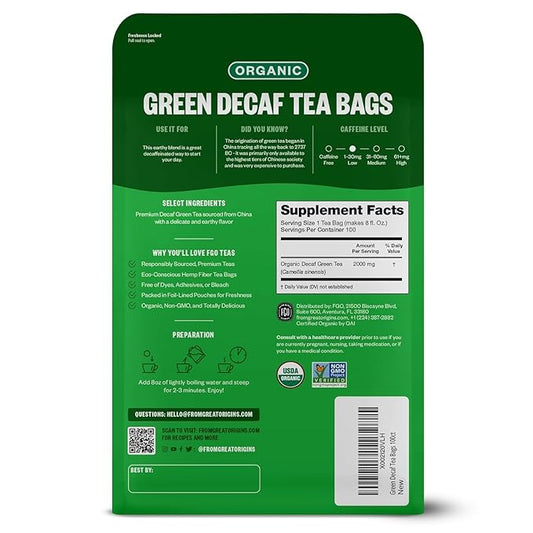 FGO Organic Green Decaf Tea, 100 Count, Eco-Conscious Tea Bags, Resealable Bag, Caffeine Free, Packaging May Vary (Pack of 1)