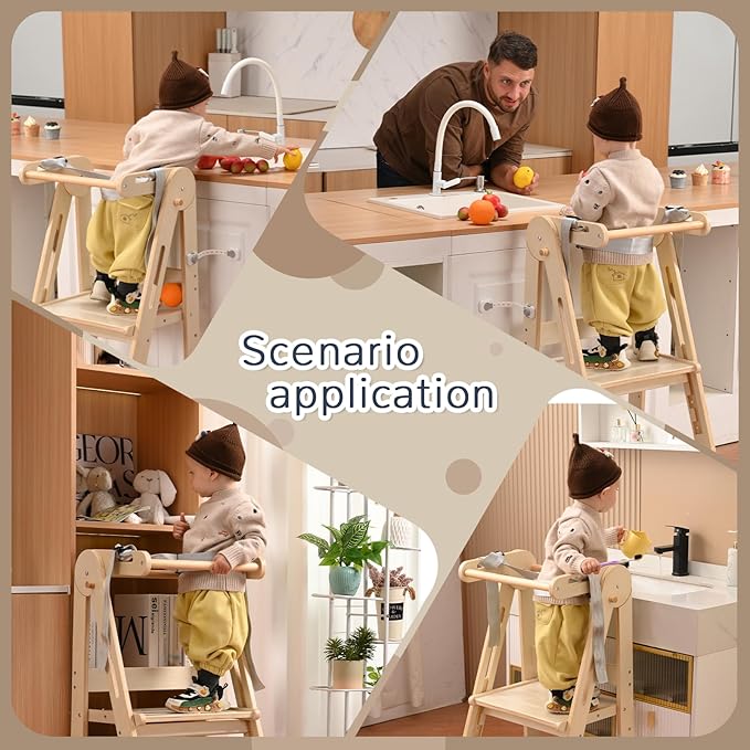 Kids Kitchen Step Stool, Foldable Toddler Tower, Height Adjustable Toddler Standing Tower with Safty Rail and Anti-Slip Device, Wooden Stool for 1.5-6 Years(Nature-Wood)