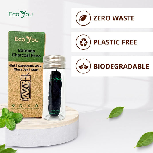 Charcoal Bamboo Floss | 1 Non Toxic Natural Floss Refill with Glass Container | Organic Mint & Candelilla Wax | Vegan & Biodegradable | Compatible with Similar Size Dental Silk Containers