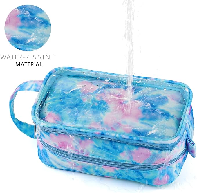 Kids Toiletry Bag for Girls, Travel Clear Toiletry Bag for Little Young Girls Cosmetic Bag Makeup Bag Waterproof Hanging Toddler Wash Bag, Blue Tie Dye