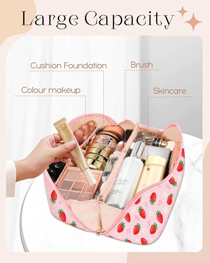 Bistup Makeup Bag Travel Cosmetic Bag Toiletry Make Up Bags Cute Women Large Capacity Big Medium Leather Strawberry Portable Teen Girls Teenage Kawaii Foldable Expandable Compact Open Flat Zip