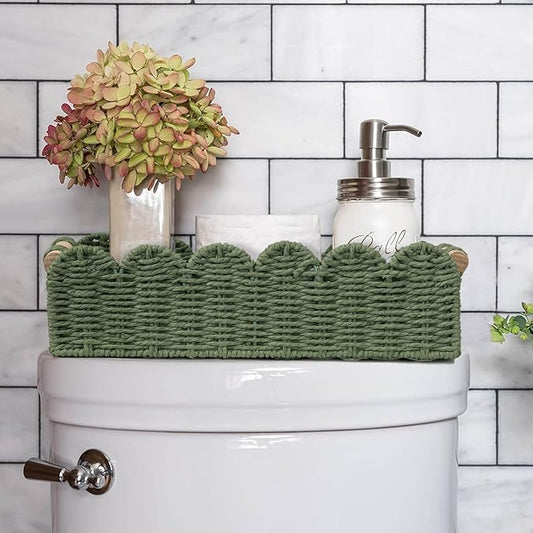 CubesLand Scalloped Decor Basket for Living Room, Home, Bathroom, 2SAME SIZE Paper Rope Basket, Toilet Storage Baskets for Over Toilet Storage Shelf, Cozy Woven Basket Both Storage&Decor, Green