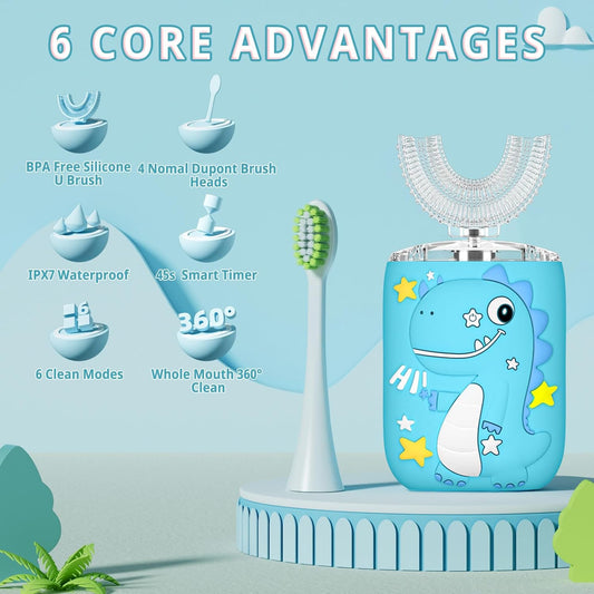 Kids Electric U Shaped Toothbrush,Kids Dinosaur Sonic Full Mouth Toothbrush with 4 Soft Brush Head Automatic 6 Cleaning Modes IPX7 Waterproof 360 Degree Cleaning - Age2-7 Blue