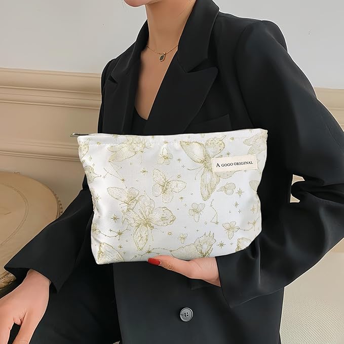 STARDW Aesthetic Floral Makeup Bag Cute Small Cosmetic Bags for Women Girls, Travel Toiletry Bag Large Capacity Zipper Makeup Pouch, Purse Organizer Pouches (Butterfly White)