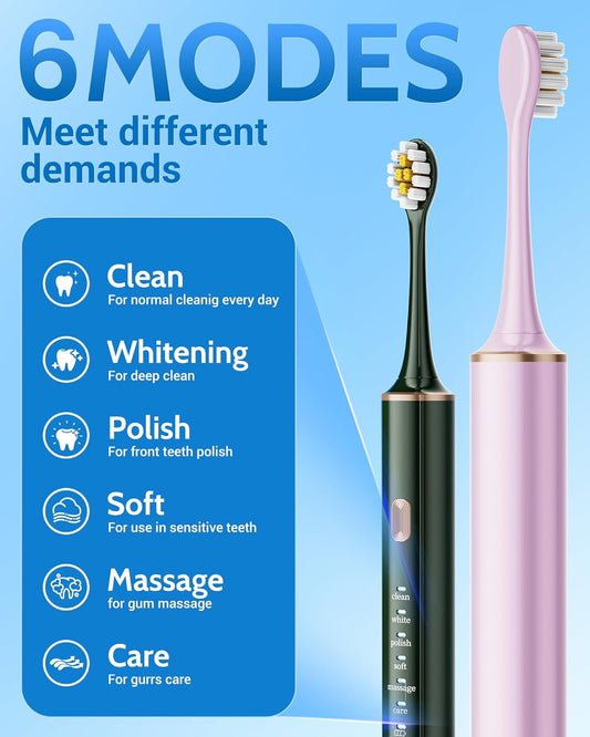 Sonic 2 Pack Electric Toothbrush for Adults and Kids, Travel Toothbrush Includes 12 Replacement Toothbrush Heads, 6 Modes with 2 MIN Smart Timer (Purple, Green)