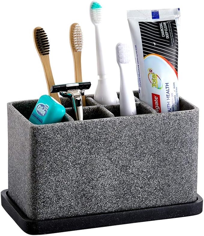 ZCCZ Marble Look Toothbrush Holder for Bathroom Countertop Organizer, Holds Toothpaste, Dental Floss, Razor, Comb, Makeup Brushes, and More, Stylish Bathroom Accessory for Tooth Brushing Essentials