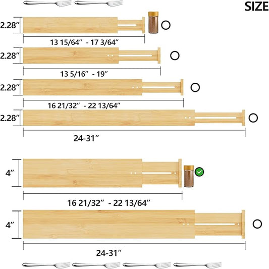 BAMEOS 4" High Drawer Dividers Bamboo Separators Organization Expandable Organizers for Kitchen Bedroom Bathroom Dresser Office 4-pack