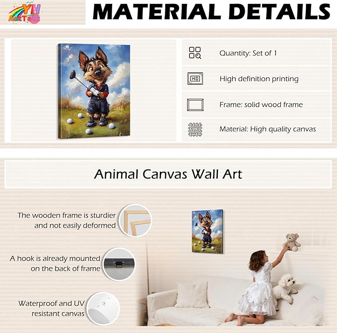 YOUHONG Animal Wall Art Animal Pictures Wall Decor Dog Painting with Inner Wooden Frame - Lightweight, Sports Decor for Boys Bedroom Living Room Decoration Ready to Hang (12x15.7 Inches)