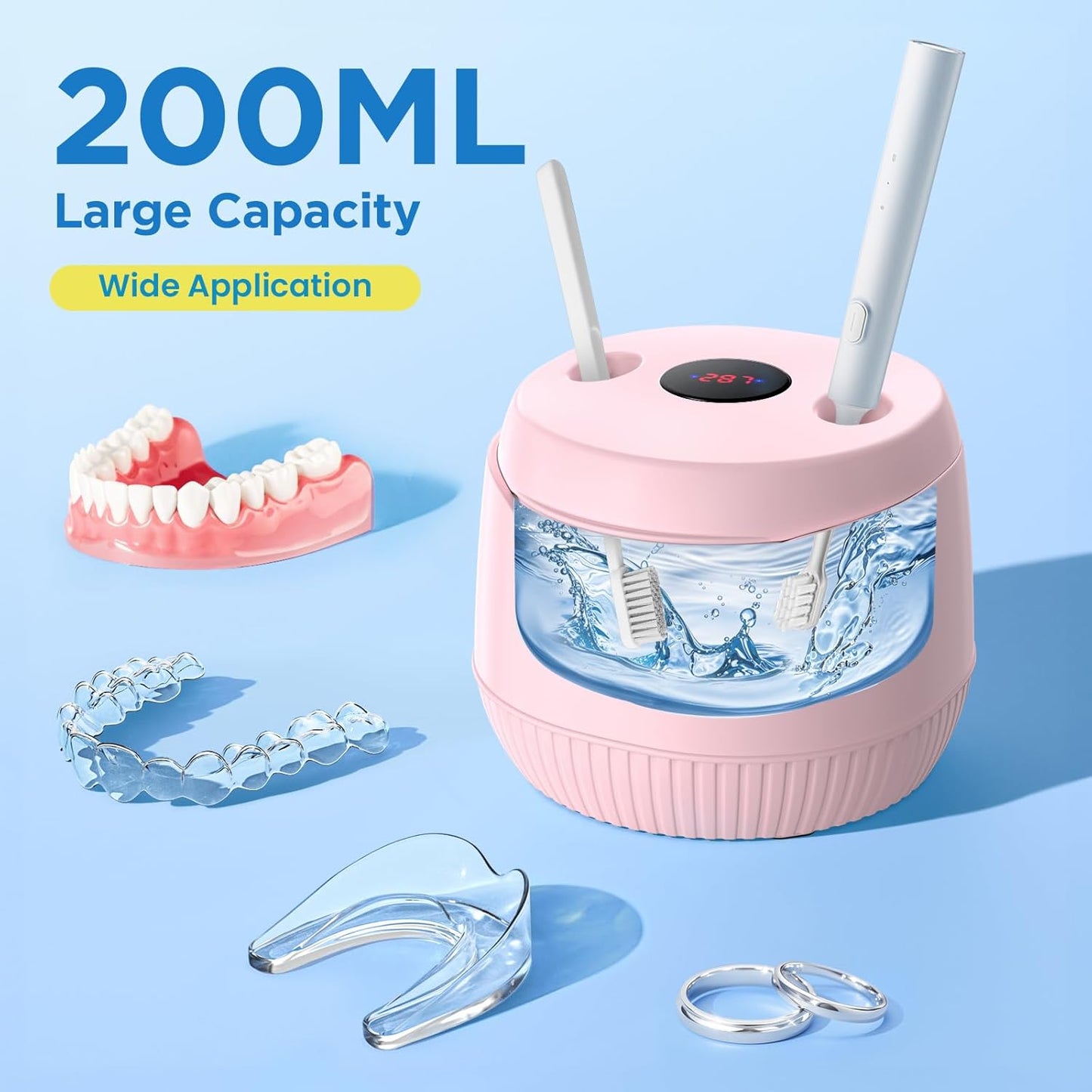 Dental Ultrasonic Retainer Cleaner Machine - Dental Cleaning Pod for Denture, Mouth Guard, Aligner, Night Guard, Braces, Toothbrush Heads, Jewelry, 45kHz Retainer Cleaner with Digital Timer & 200ML