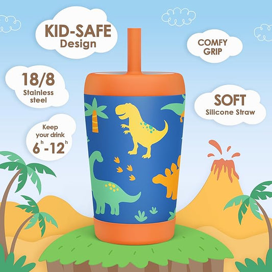Kid Insulated Stainless Steel Tumbler with Silicone Straw, 12oz Sippy Cup for Kids (Dinosaurs)
