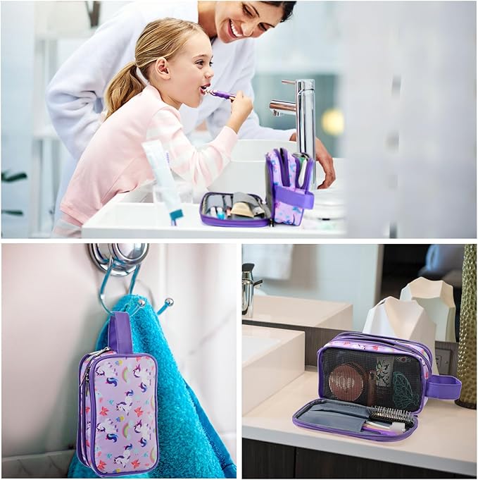 Kids Toiletry Bag for Girls, Travel Toiletry Bag for Little Young Girls Cosmetic Bag Makeup Bag Waterproof Hanging Wash Bag Toddler Toiletries, Unicorn Purple
