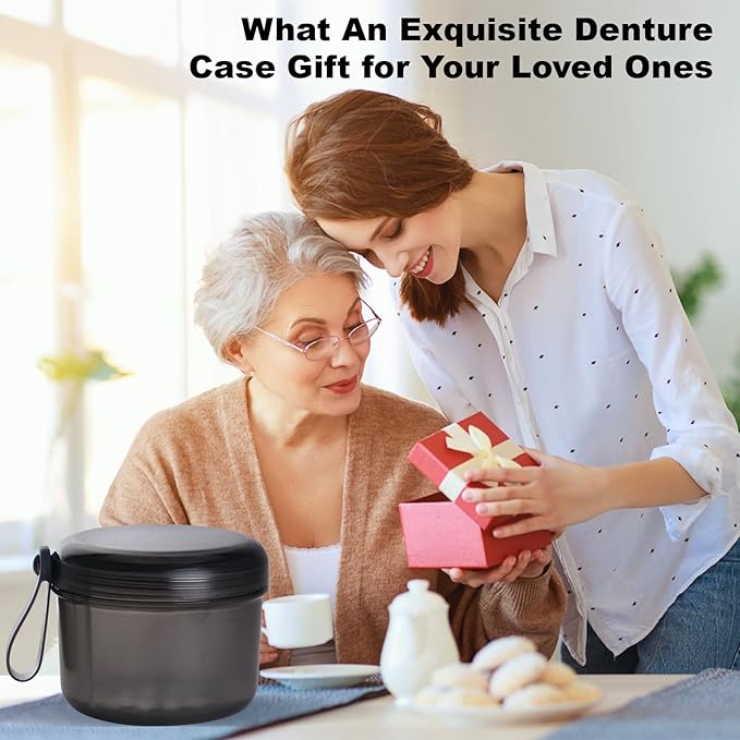 Denture Case, Leak Proof Denture Bath Cup for Travel, Denture Container Cups for Soaking Full & Partial Dentures, Retainers, Denture Cleaning Kit Holder Box with Denture Cleaner Brush-Transparent Grey