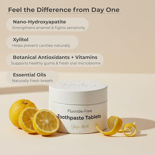 Citrus Yuzu Mint Fluoride-Free Toothpaste Tablets with Nano Hydroxyapatite | Natural Whitening, Enamel Strengthening, Plastic-Free & Travel-Friendly (1 Month Refill)-62 Tablets
