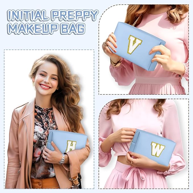 TOPEAST Preppy Makeup Bag, Small Cosmetic Travel Bags for Women, PU Leather Waterproof Toiletry Bag with Zipper, Personalized Birthday Gift for Women Girl, Preppy Gifts for Girl (Sky Blue Y)