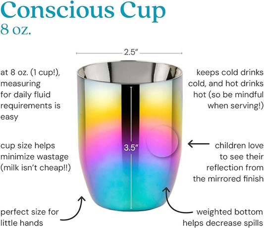 Ahimsa Stainless Steel Kids Cups, Pediatrician Designed, Colorful Toddler Cups for Open Cup Training, 8oz, 100% BPA Free & Dishwasher Safe, Rainbow, Set of 4