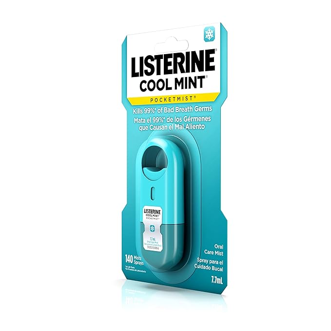 Listerine Cool Mint Pocketmist, Oral Care Mist for Fresh Breath, Non-Aerosol Sugar-Free Bad Breath Refresher Spray to Kill 99% of Bad Breath Germs, Portable, Cool Mint Flavor, 2 Sprays