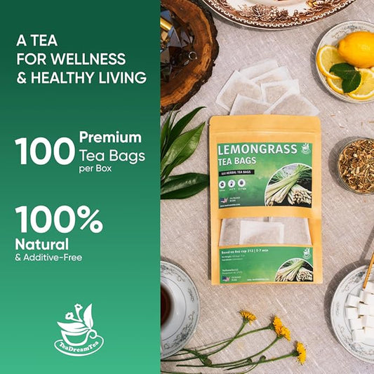 Lemongrass Tea Bags - 100 Bags (Premium Natural Pure Leaf Tea - 100 Count) Gluten-Free and Caffeine-Free Herbal tea for Relaxation, Wallness, Immune Support with Smooth Taste