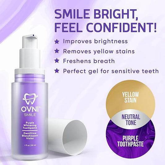 OVNI® SMILE Purple Whitening Toothpaste for Sensitive Teeth – Color Corrector for Yellow Stains – Fluoride-Free, Enamel Safe, Vegan & Gentle – 30ml Toothpaste for Teeth Whitening