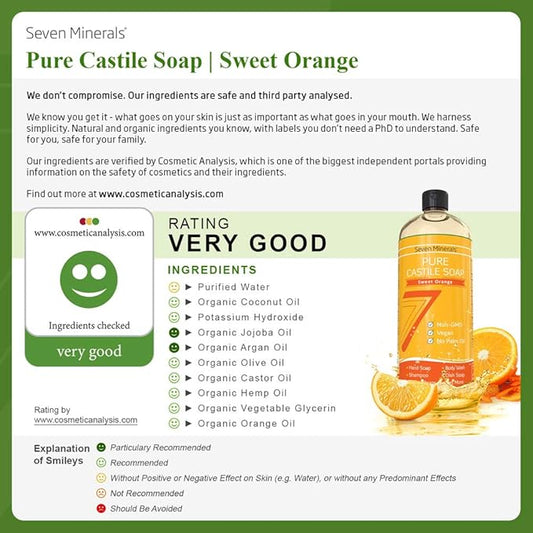 Seven Minerals Pure Castile Soap, Sweet Orange - No Palm Oil, GMO-Free - Gentle Liquid Soap For Sensitive Skin & Baby Wash - All Natural Vegan Formula with Organic Carrier Oils (33.8 fl oz)