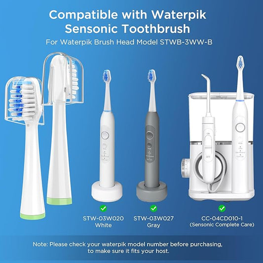 4 Pack Toothbrush Replacement Heads for Waterpik Sensonic Complete Care CC-04CD010-1, and for Waterpik Sensonic Electric Toothbrush STW-03W020/STW-03W027, with Cover for White STWB-3WW-B