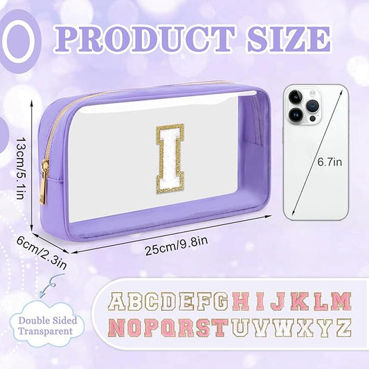 Small Clear Personalized Initial Makeup Bag,Nylon Preppy A-Z Chenille Letter Patch Cosmetic Pouch Beach Toiletry Bag,Waterproof Zip Travel Purse Storage Bag Organizer for Women Girls(Purple-White I)