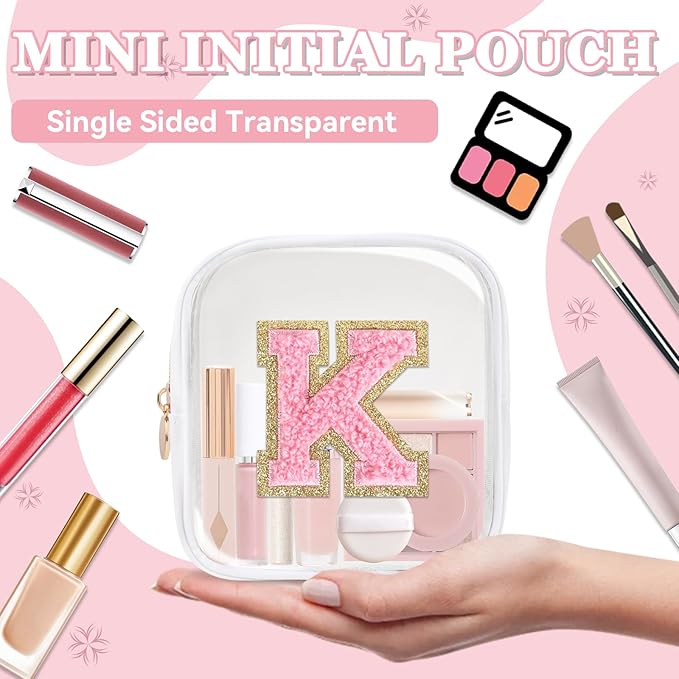 Mini Clear Personalized Initial Makeup Bag,Nylon Preppy A-Z Chenille Letter Patch Zipper Cosmetic Bag, Small Cute Beach Pouch Travel Purse Sanitary Napkin Storage Bag for Women Girls(White-Pink K)