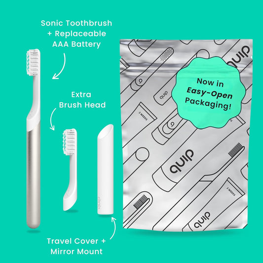 Quip Metal Sonic Electric Toothbrush for Adults - Time Travel & Soft Bristles with Travel Case & Replacement Brush Head - 3 Month Battery Life - Moonrise Champagne