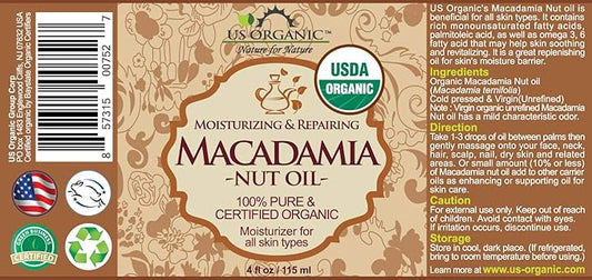 US Organic Macadamia Nut Oil Unrefined Virgin, Certified Organic, Pure & Natural, Cold Pressed, Sourced in Kenya, in Amber Glass Bottle w/Glass Eye dropper for Easy Application (4 oz (Large))