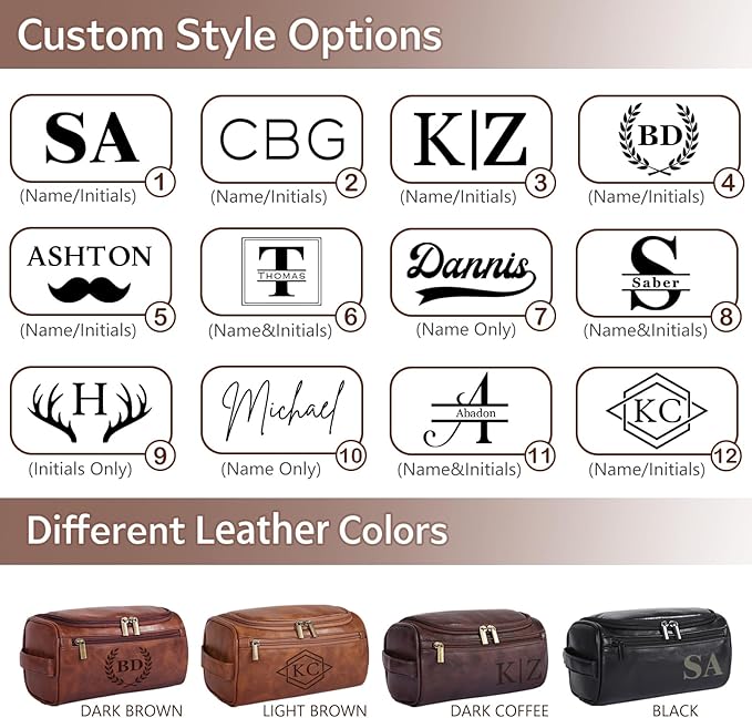 Personalized Leather Toiletry Bag for Men, Custom Engraved Travel Dopp Kit Bag, Customized Name Initials Gift for Groomsmen, Best Man, Father's Day, Wedding, Birthday, Husband, Grandpa