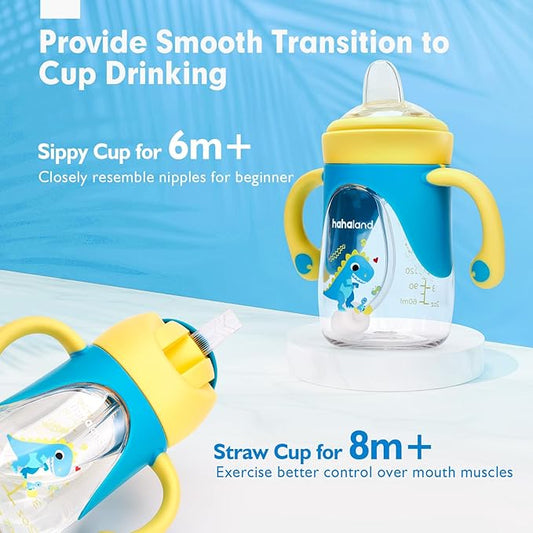 hahaland Sippy Cup for 6+ Month Old - 2 in 1 Spout & Straw Sippy Cups for Toddlers 1-3 No Spill Transition Weighted Straw Toddler Cups - 1 Cup with 2 Nipples