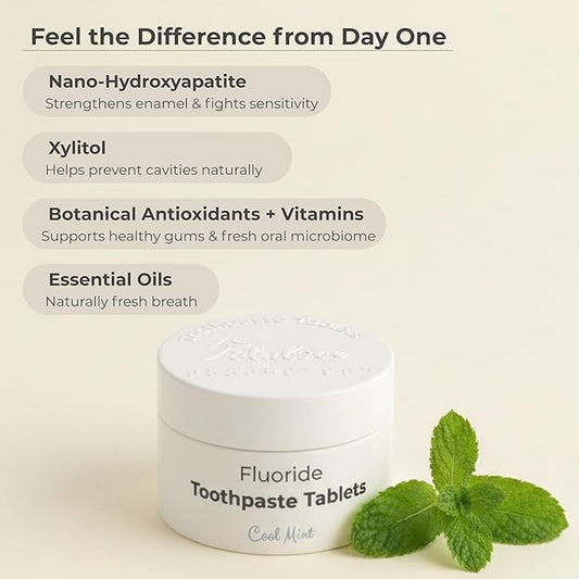 Cool Mint Fluoride-Free Toothpaste Tablets with Nano Hydroxyapatite | Natural Whitening, Enamel Strengthening, Plastic-Free & Travel-Friendly (1 Month Refill + Tin)