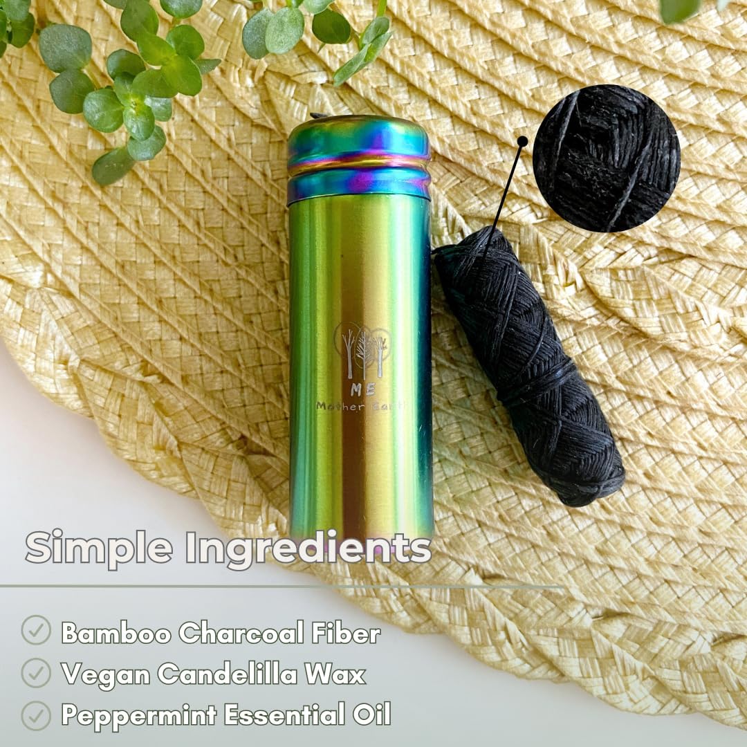 Vegan Biodegradable Bamboo Charcoal Dental Floss with Refillable Stainless Steel Rainbow Container | Extra Floss Refill | Natural Candelilla Wax | 30M x2 | Peppermint | Eco Zero Waste Oral Care