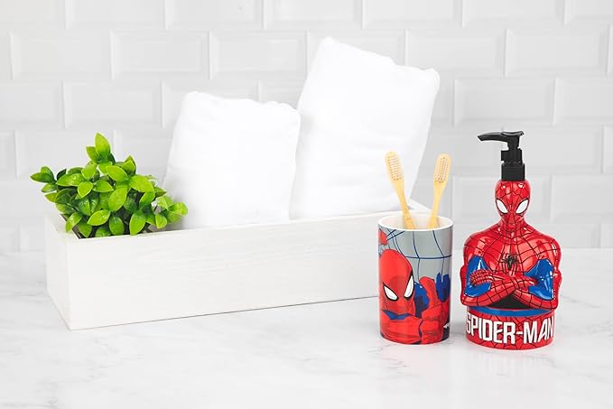 Jay Franco Kids Marvel Spiderman Toothbrush and Toothpaste Holder – 4 x 3 Inch Small Bathroom Accessories Organizer, Red & Blue Resin Tumbler Cup Stand for Counter Storage