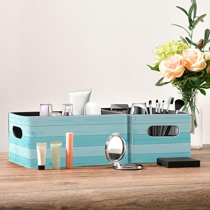 Kcldeci Teal Turquoise Green Wood Storage Bins Baskets for Organizing 2Pack, Wood Wooden Board Farm Sturdy Storage Basket Foldable Storage Baskets for Shelves Closet Nursery Toy