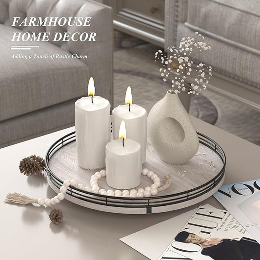 13" Oak Bathroom Vanity Tray Turntable for Perfume Candle, Round Wooden Decorative Tray for Kitchen Sink Countertop Organizer, Bathroom Counter Organizer for Skincare Makeup, Rustic Whitewashed