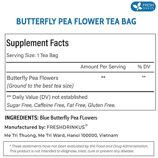 FreshDrinkUS, Premium 75 Tea Bags Blue Butterfly Pea Flowers, 100% Natural and Pure from Butterfly Pea Flowers, Made With Natural Material Tea Bag, No Sugar, No Caffeine, No Gluten, Vegan