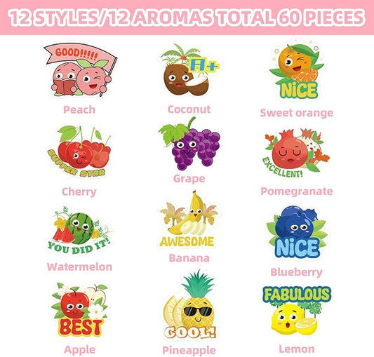 Scratch and Sniff Stickers - 60pcs Kids Classroom Sniff Reward Stickers 12 Fruit Designs Incentives Sticker for Student Classroom Chart Students Awards