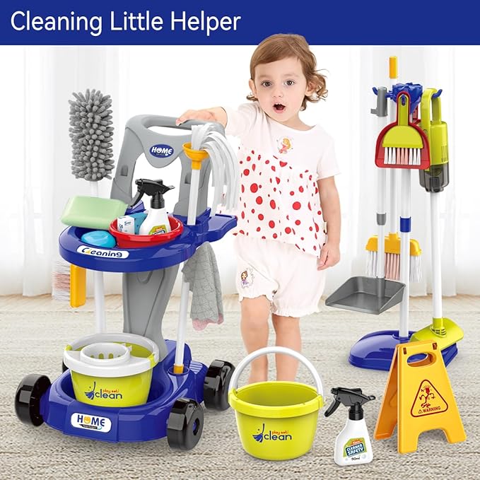 Toddler Cleaning Set,Kids Cleaning Toy Set,New 29-Piece Detachable Kids Cleaning Set for Toddlers - Pretend Play Educational Cleaning Carts (Blue)