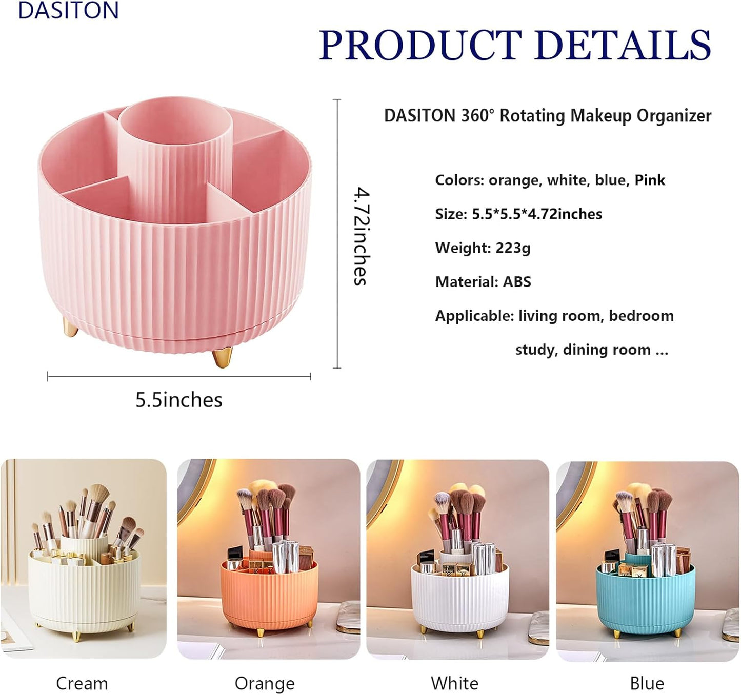 DASITON Large Capacity Makeup Brush Holder,360° Rotating Makeup Organizer,5 Slot Makeup Brushes Cup,for Vanity Decor,Bathroom Countertops,Desk Storage Container,Cosmetic Display cases(Pink)