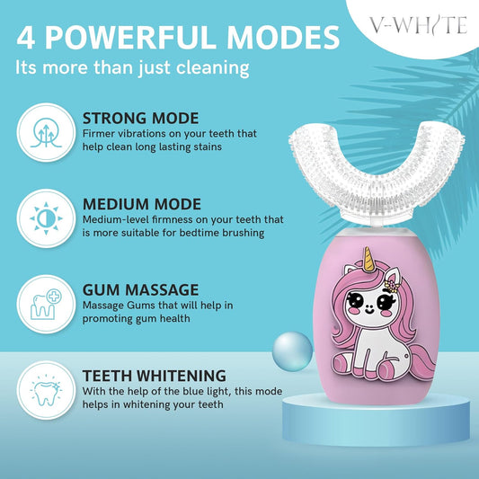 V-WHITE Electric Toothbrush Kids- Ultrasonic U-Shaped Toothbrushes for Teeth Whitening - 360° Mouth Cleansing, Hands Free Gums Protection - Wireless Charging & LED Light - Waterproof IPX7 Certified