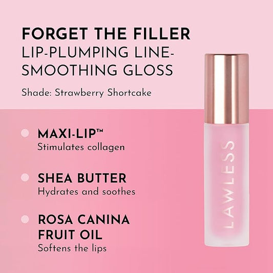 Lawless Forget the Filler Lip Plumping Line Smoothing Gloss - Strawberry Shortcake - Premium Volumizing Lip Gloss with Natural Ingredients Designed to Plump, Firm, and Hydrate Lips 0.11 oz