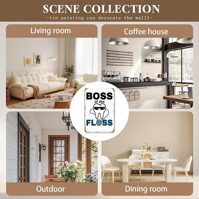 Boss of the Floss Dentist Dental Hygienist Sign Wall Decor Art Poster Vintage Metal Tin Sign for Funny Garage Room Man Cave Bathroom Pub Restaurant Office Sign Wall Decoration Gift 8x12 In