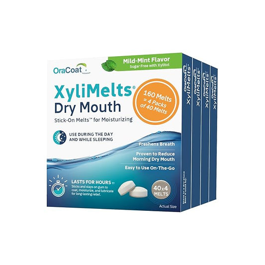 Oracoat XyliMelts for Dry Mouth Night Time or Day - Moisturizing Dry Mouth Adhering Discs, Sugar Free with Xylitol, 40 Count - Pack of 4, Mild Mint Flavor, 8-Hour Relief