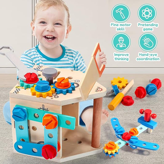 Montessori Toddler Tool Set - 33 PCS Wooden Kids Tools with Box / Bench, Montessori Educational Pretend Play Preschool Toys Gifts for 2 3 4 5 Year Old Boy Girl Kids, STEM Fine Motor Skills Tool Set