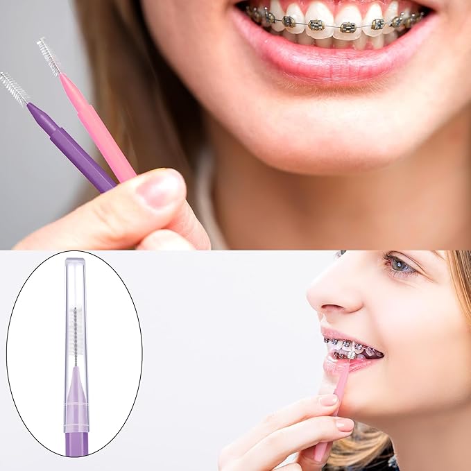 Patelai 100 Pieces Braces Brush for Cleaner Interdental Brush Toothpick Dental Tooth Flossing Head Oral Dental Hygiene Flosser Toothpick Cleaners Tooth Tool (Pink,Purple,Suitable Size)